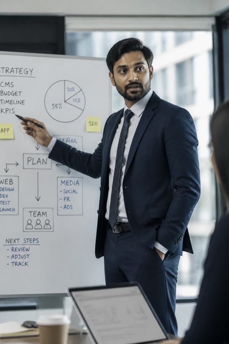 Hospital business strategy consultant meeting at a whiteboard