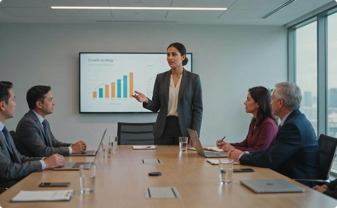 Healthcare consultants presenting growth analytics to hospital leadership